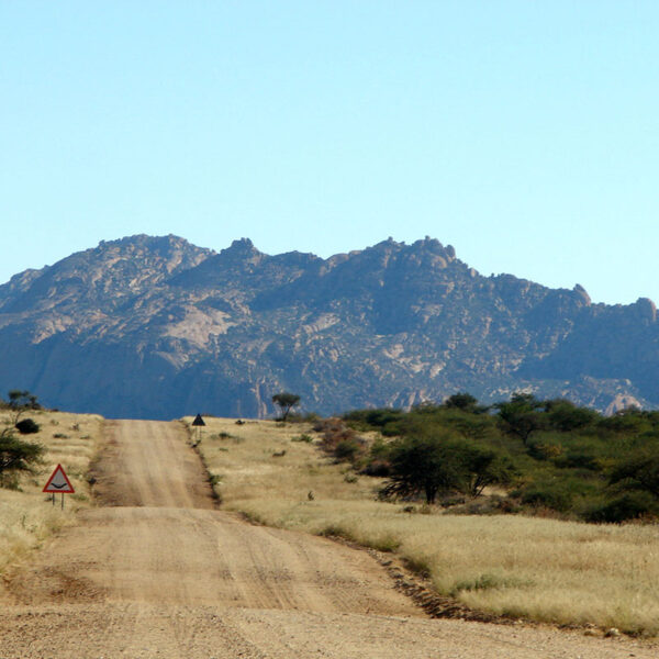 Einsame Schotterpiste führt durch offene Landschaft mit Bergen im Hintergrund, klassisches Reisegefühl der Safari „Best of Namibia“.
